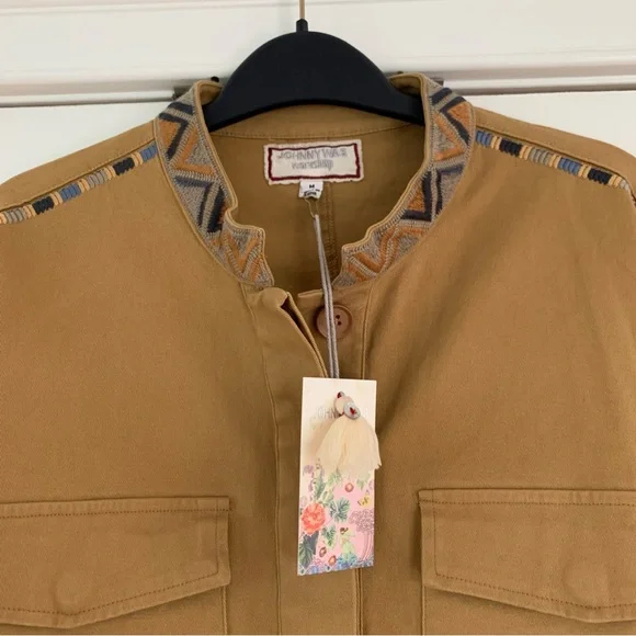 Johnny Was Workshop Jacket Amika Peplum Military Embroidered Boho Khaki Size M